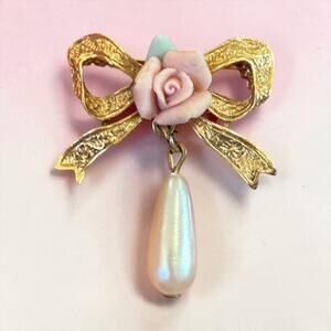 Pink Rose Bow Brooch Pearl Drop Romantic Gold Tone 1928 Jewelry Co